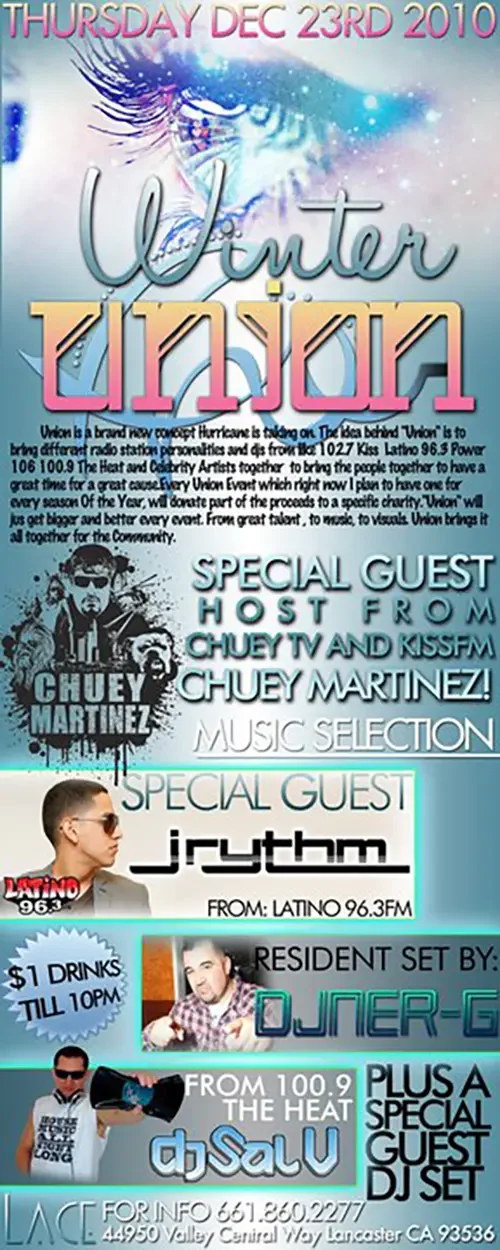 Event flyer for Winter Union featuring DJ Sal V, Chuey Martinez and Jrythm in Lancaster on December 23, 2010.