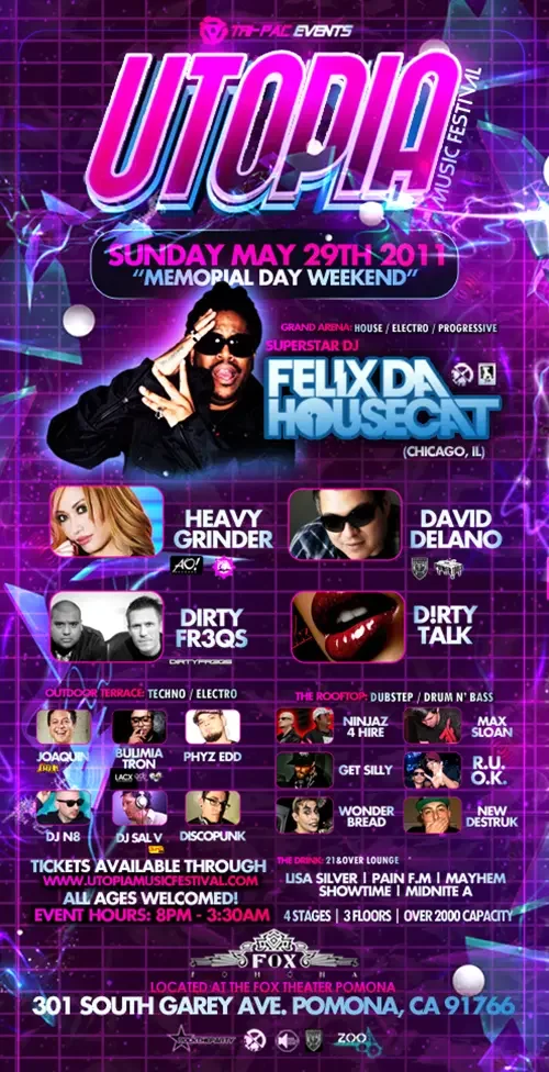 Event flyer for Utopia featuring DJ Sal V, DJ N8, Felix Da Housecat and David Delano in Pomona on May 29, 2011.