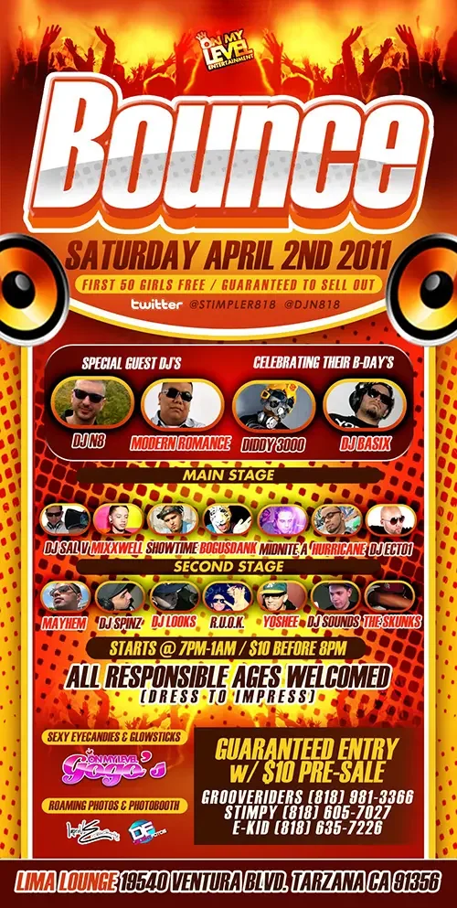 Event flyer for Bounce featuring DJ Sal V, DJ N8 and Modern Romance in Los Angeles on April 2, 2011.