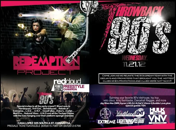 Event flyer for Throwback 90s featuring DJ Sal V, Vince 4, Aycer and LSD Jay in Oxnard on November 21, 2012.