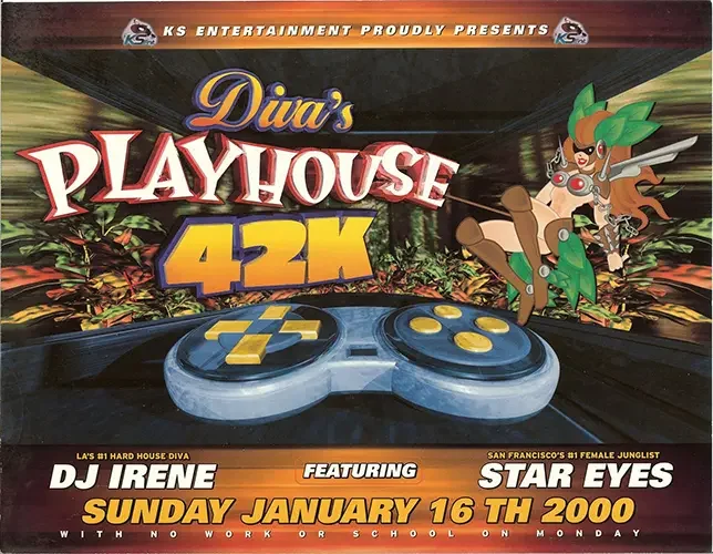Front of the event flyer for Diva's Playhouse 42K featuring DJ Sal V, DJ N8, DJ Irene and Richard Humpty Vission in Sacramento on January 16, 2000.