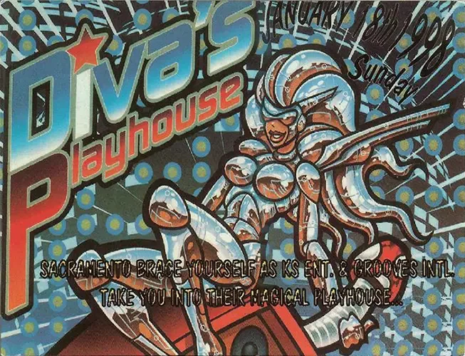 Front of the event flyer for Diva's Playhouse featuring DJ N8, DJ Delight and DJ Maclon, now known as DJ Sal V, in Sacramento on January 18, 1998.