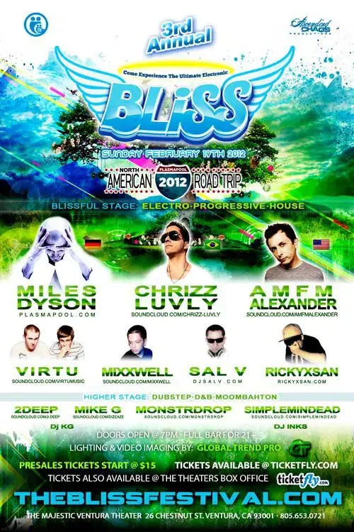 Event flyer for the Bliss festival featuring DJ Sal V, Chrizz Luvly, AMFM Alexander and Simplemindead, in Ventura on February 19, 2012.