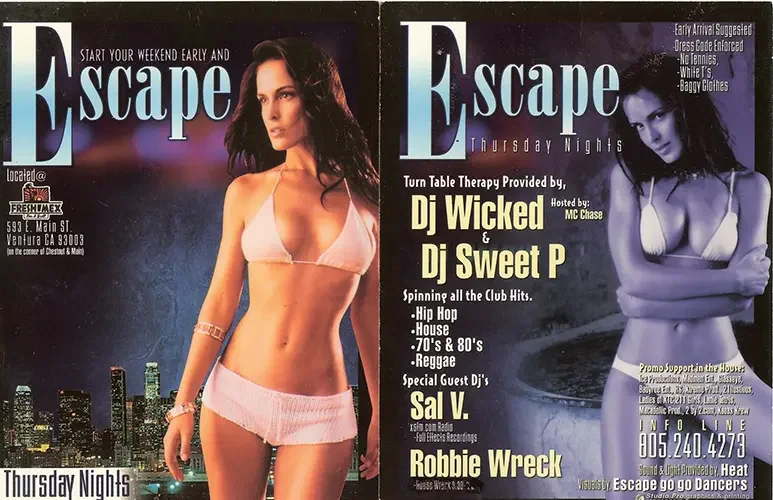 Event flyer for Escape featuring DJ Sal V, DJ Wicked, Sweet P and Robbie Wreck in Ventura in 2001.