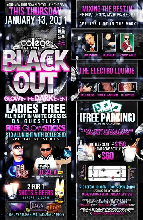 Event flyer for Blackout College Thursdays featuring DJ Sal V and DJ Hurricane in Los Angeles on Jan 13, 2011.