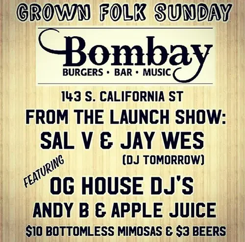 Event flyer for Bombay's featuring DJ Sal V, Jay Wes and Andy B in Ventura in 2018.