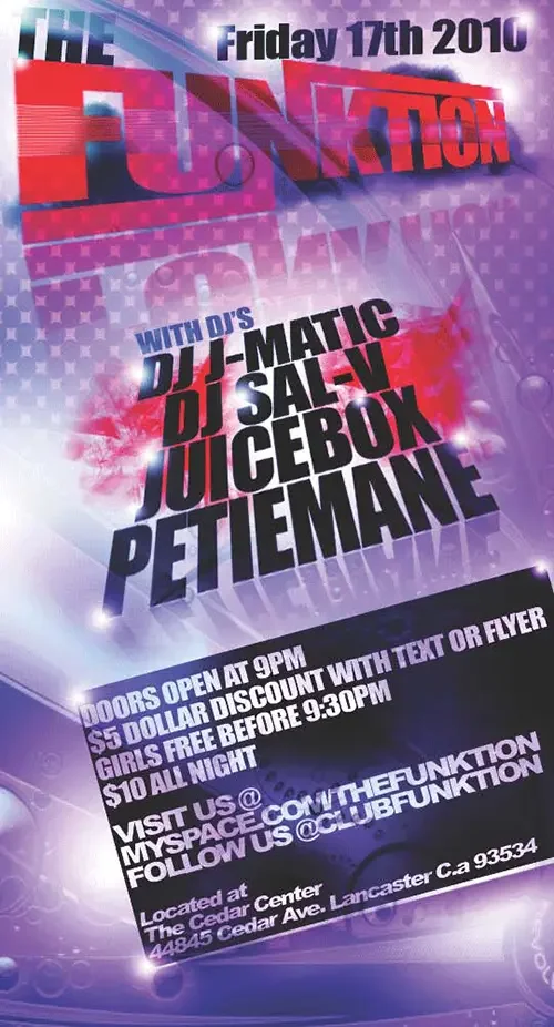 Event flyer for The Funktion featuring DJ Sal V and J-Matic in Lancaster on September 17, 2010.