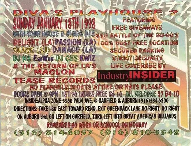 Back of the event flyer for Diva's Playhouse featuring DJ N8, DJ Delight and DJ Maclon, now known as DJ Sal V, in Sacramento on January 18, 1998.