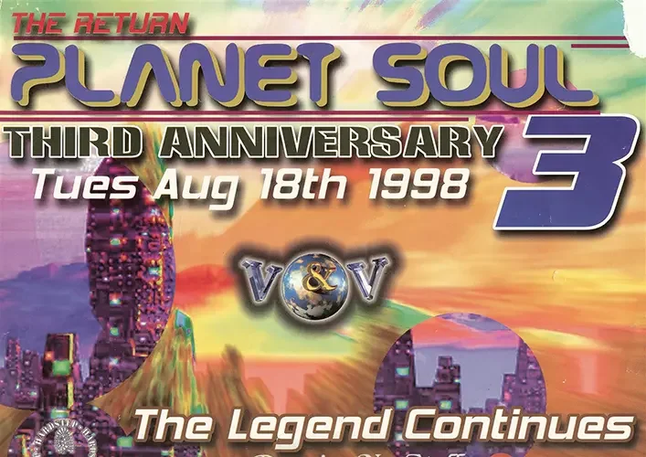 Front of the event flyer for Planet Soul 3 by VNV featuring The Baka Boyz, Vince 4, Cyberkid, Cisko, Aycer and DJ Maclon, now known as DJ Sal V, in Oxnard on August 18, 1998.