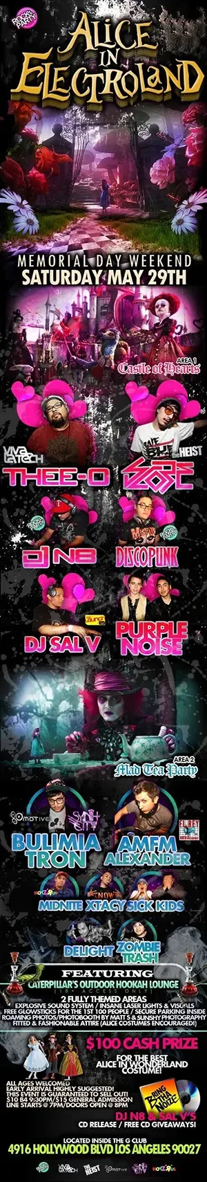Event flyer for Alice In Electroland featuring DJ Sal V, DJ N8, Thee-O, DJ Score and AMFM Alexander in Los Angeles on May 29, 2010.
