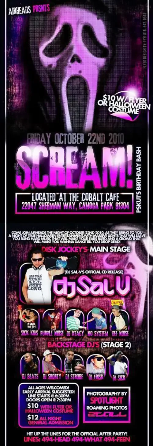 Event flyer for Scream featuring DJ Sal V, Sick Kids and No System in Los Angeles on October 22, 2010.