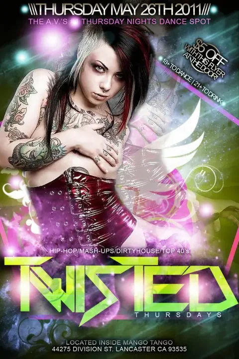 Front of the event flyer for Twisted featuring DJ Sal V in Lancaster on May 26, 2011.