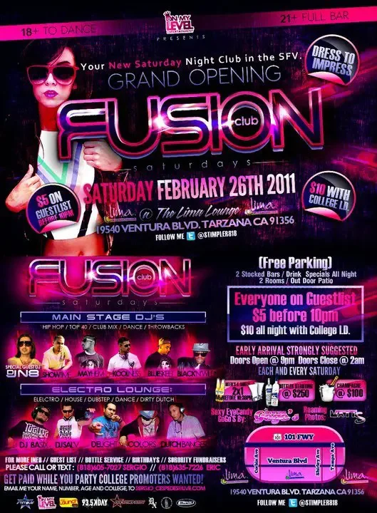 Event flyer for Club Fusion featuring DJ Sal V and DJ N8 in Los Angeles on Feb 26, 2011.
