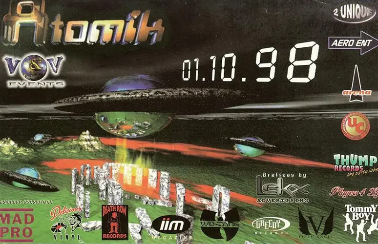 Front of the event flyer for Atomik by VNV featuring DJ Enrie, Mark V & Poogie Bear, Sweet P, DJ Aycer, Megaman and DJ Maclon, now known as DJ Sal V, in Oxnard on January 10, 1998.