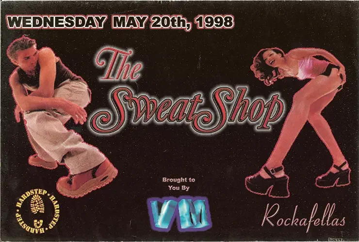 Front of the event flyer for The Sweatshop featuring Danceworks! Alex Peace and Kevin Halstead, DJ Bam Bam and DJ Maclon, now known as DJ Sal V, in Oxnard on May 20, 1998.