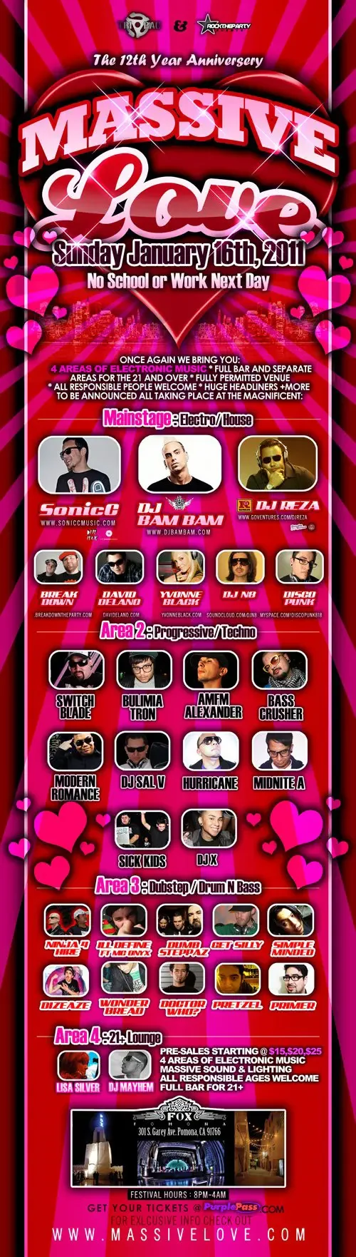 Event flyer for Massive Love featuring DJ Sal V, DJ N8, Sonic C, DJ Bam Bam, DJ Reza and David Delano in Pomona on January 16, 2011.