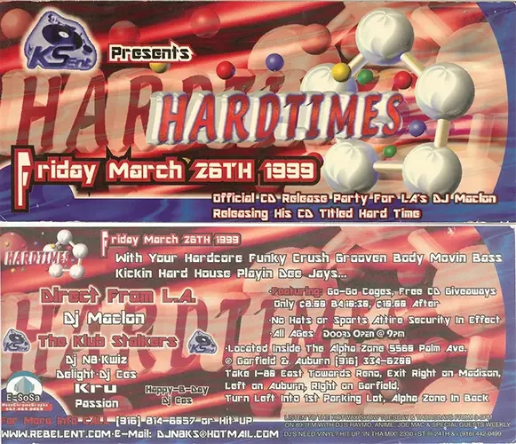 Event flyer for Hardtimes featuring DJ N8, DJ Delight, and DJ Maclon, now known as DJ Sal V, on March 26, 1999.