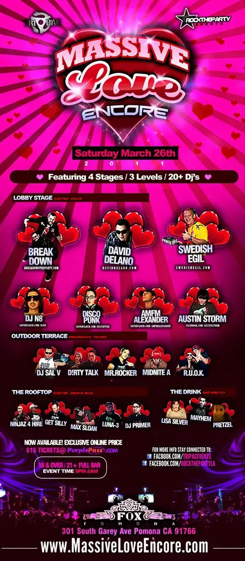 Event flyer for Massive Love Encore featuring DJ Sal V, DJ N8, David Delano, Swedish Egil and AMFM Alexander in Pomona on March 26, 2011.