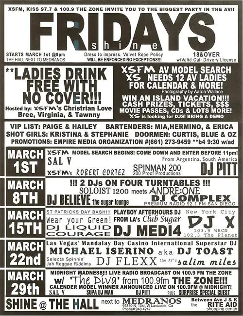 Back of the event flyer for Shine featuring DJ Sal V in Lancaster in 2002.