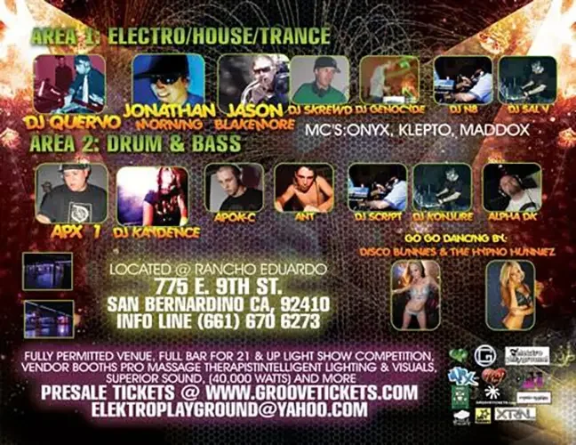 Back of the event flyer for Looney Tunez featuring DJ Sal V, DJ N8 and Jason Blakemore in San Bernardino on June 12, 2009.