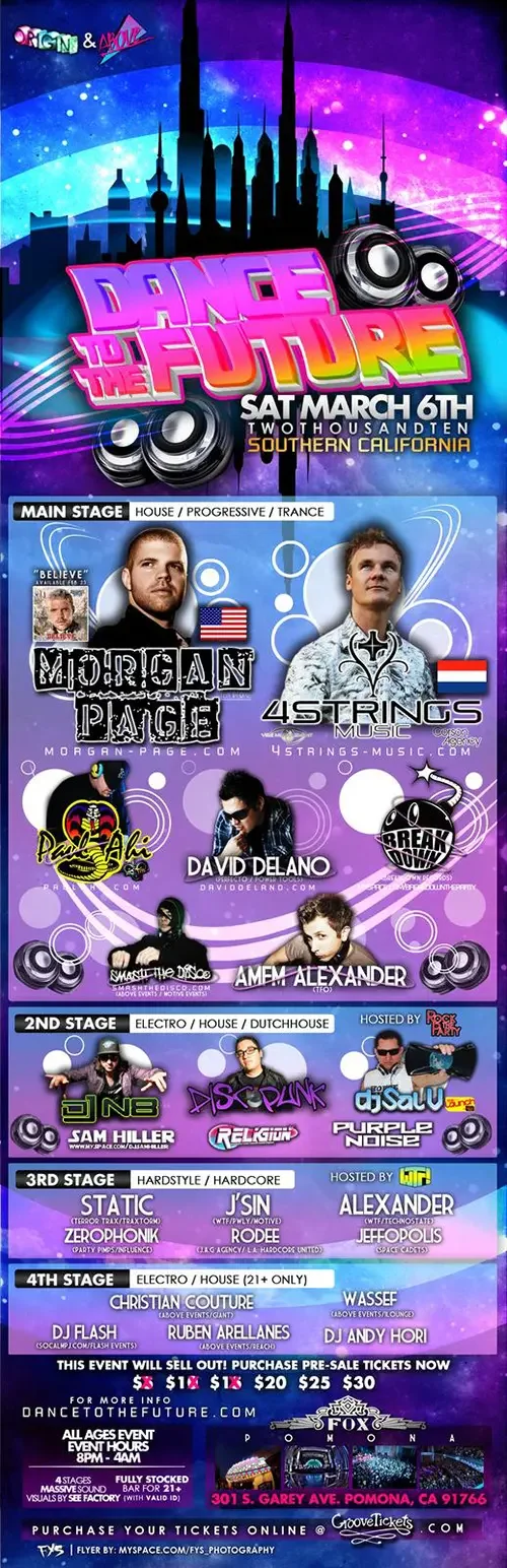 Event flyer for Dance To The Future featuring DJ Sal V, DJ N8, Morgan Page, Paul Ahi, David Delano and AMFM Alexander in Pomona on March 6, 2010.