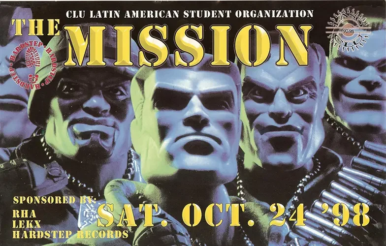 Front of the event flyer for The Mission featuring Mambo, La Rok, Artie The One Man Party, Cyberkid, Aycer and DJ Maclon, now known as DJ Sal V, in Thousand Oaks on October 24, 1998.