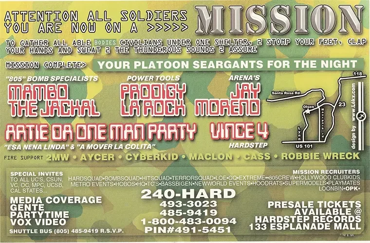 Back of the event flyer for The Mission featuring Mambo, La Rok, Artie The One Man Party, Cyberkid, Aycer and DJ Maclon, now known as DJ Sal V, in Thousand Oaks on October 24, 1998.