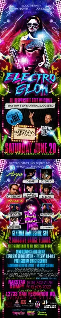 Event flyer for Electro Glow featuring DJ Sal V, DJ N8, AMFM Alexander and DJ Delight in Los Angeles on June 20, 2009.