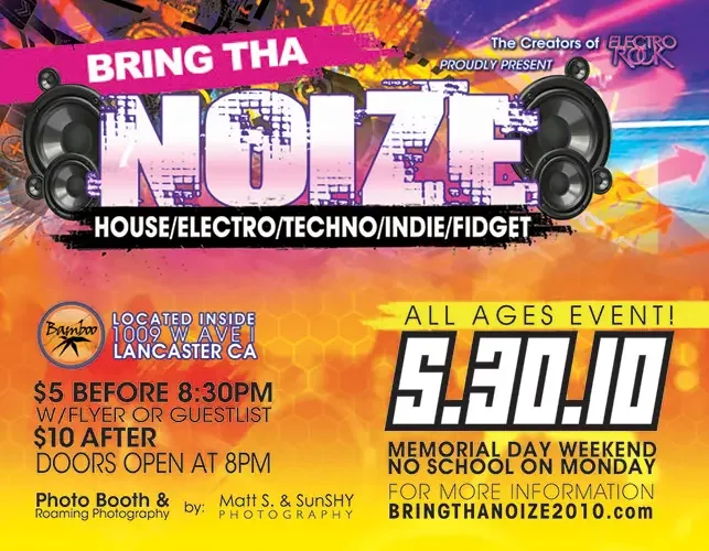 Front of the event flyer for Bring Tha Noize featuring DJ Sal V, DJ N8 and DJ Score in Lancaster on May 30, 2010.