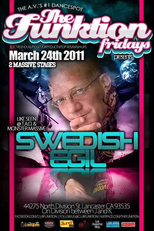 Front of the event flyer for The Funktion featuring DJ Sal V, DJ N8 and Swedish Egil in Lancaster on March 24, 2011.
