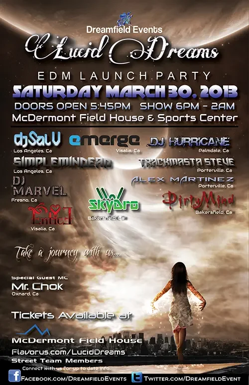 Event flyer for Lucid Dreams featuring DJ Sal V, Simplemindead and DJ Hurricane on March 30, 2013.