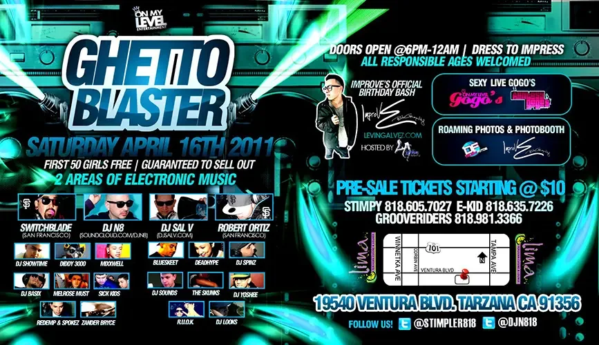 Event flyer for Ghetto Blaster featuring DJ Sal V, DJ N8 and Switchblade in Los Angeles on April 16, 2011.
