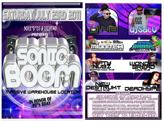 Event flyer for Sonic Boom featuring DJ Sal V and DJ N8 in Los Angeles on July 23, 2011.