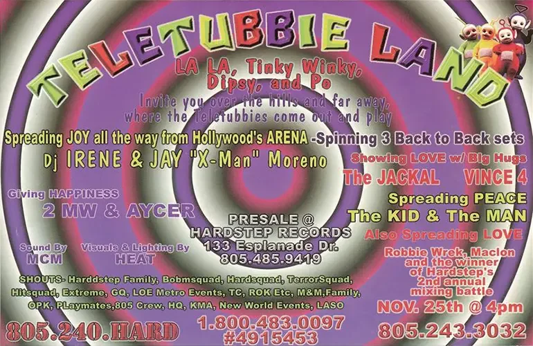 Back of the event flyer for Teletubbie Land featuring DJ Irene, Vince 4, Megaman, Cyberkid, Aycer and DJ Maclon, now known as DJ Sal V, on December 5, 1998.