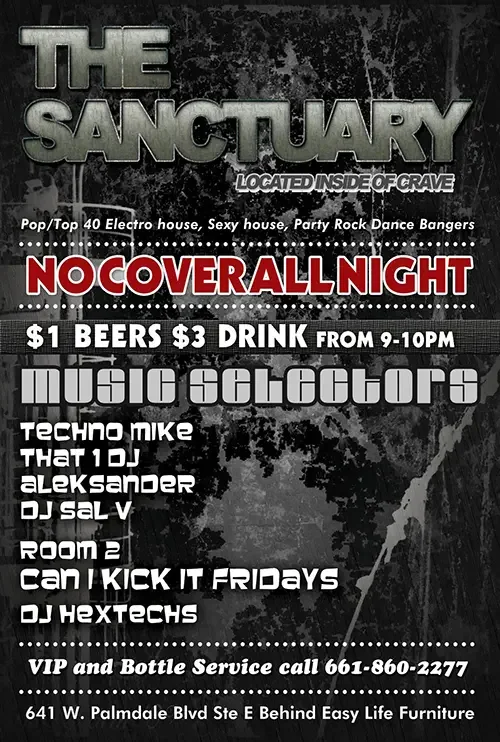 Event flyer for The Sanctuary featuring DJ Sal V in Palmdale in 2012.