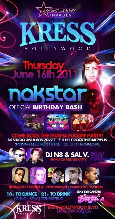 Event flyer for Kress featuring DJ Sal V and DJ N8 in Hollywood on June 16, 2011.