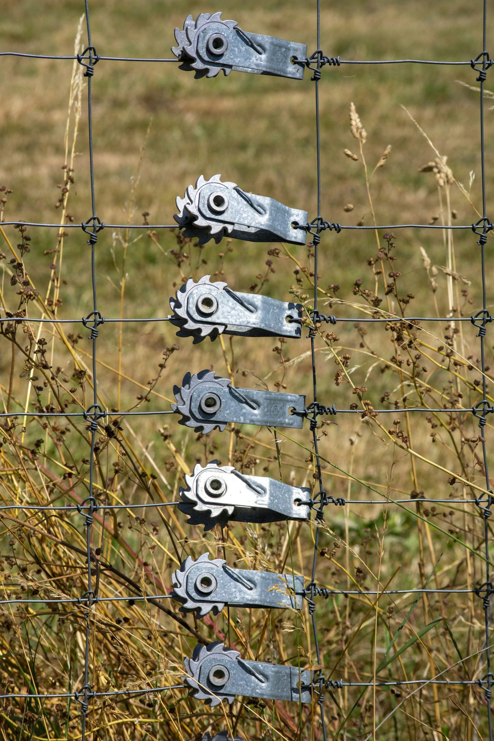 A close-up view of hillside barbed wire fencing with metal clips and dried grass and plants in the background.