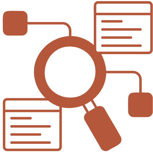 Icon of a magnifying glass with connected text and data boxes, representing search or data analysis.
