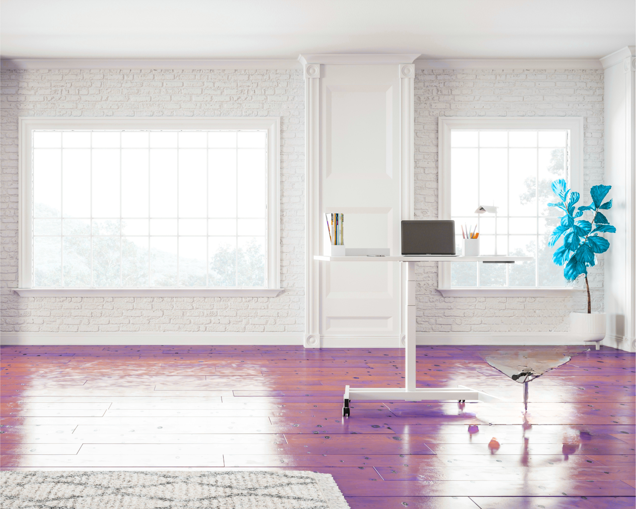 Bright, modern room with large windows, white brick walls, and hardwood floors. There is a white rolling desk with a computer, books, and stationery, and a blue-leafed plant in a white planter.