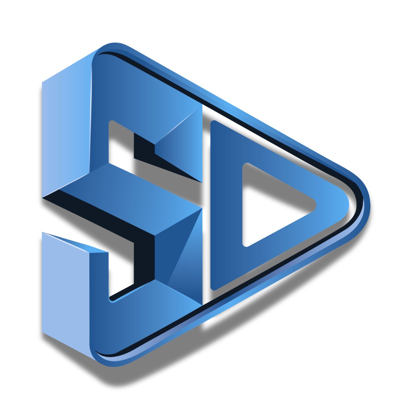 Icon of a video player with a play button inside a black triangle, surrounded by a blue 3D geometric shape.