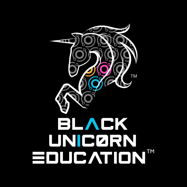 Stylized black unicorn head with colorful circles, above the text "Black Unicorn Education" in bold black and white letters.