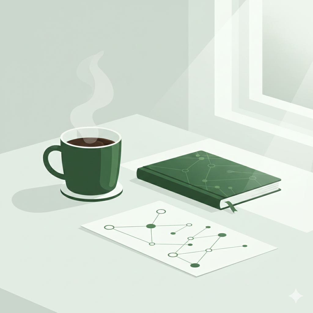 A green coffee mug, a green notebook with a geometric pattern, and a white sheet of paper with a network diagram are arranged on a white desk near a window, with steam rising from the hot coffee.