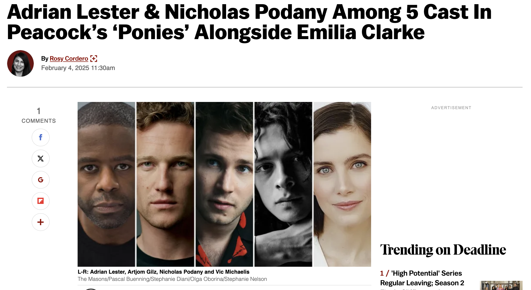 Deadline article of Nicholas Podany Among 5 Cast in Peacock's 'Ponies' Alongside Emilia Clarke