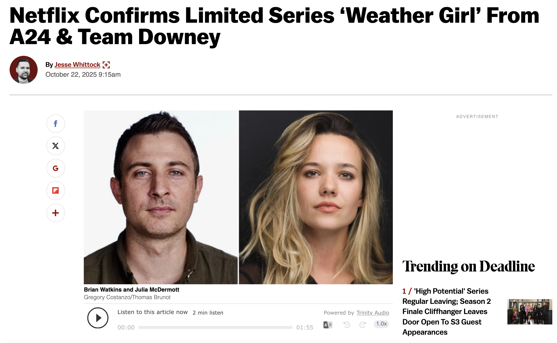 Julia McDermott Reprises Her Role In Netflix’s Limited Series ‘Weather Girl’ Produced By A24 &amp; Team Downey