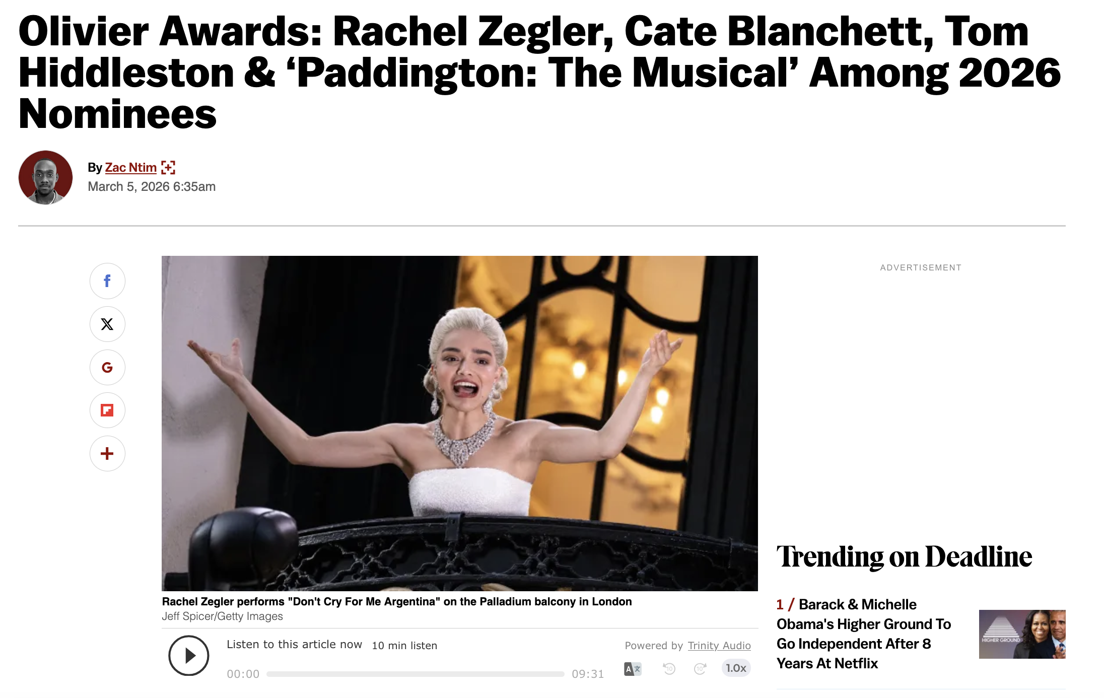 Deadline article of Julia McDermott nominated for an Olivier Award