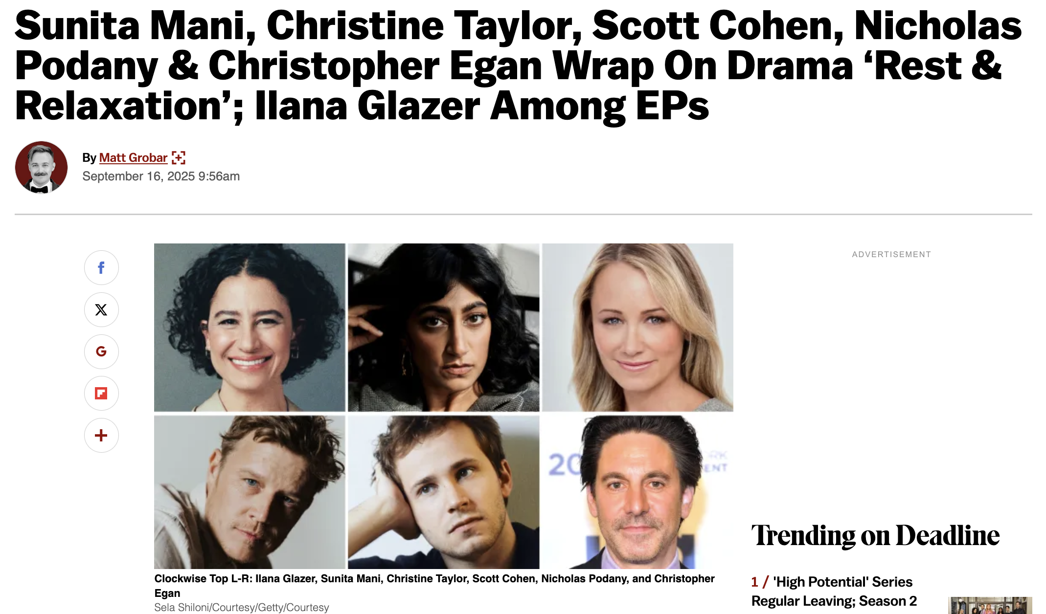 Deadline article of Nicholas Podany Wrapping on Drama 'Rest & Relaxation' with Ilana Glazer Among EPs