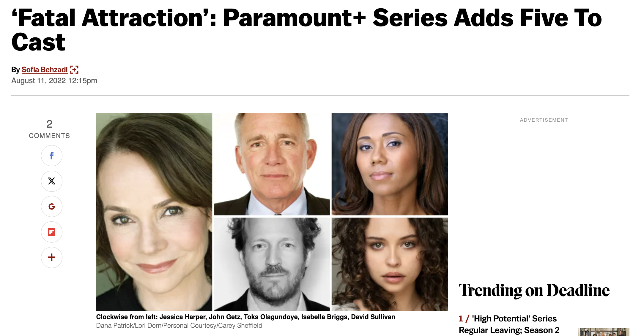 Deadline article of Isabella Briggs joining Paramount+ 'Fatal Attraction' cast