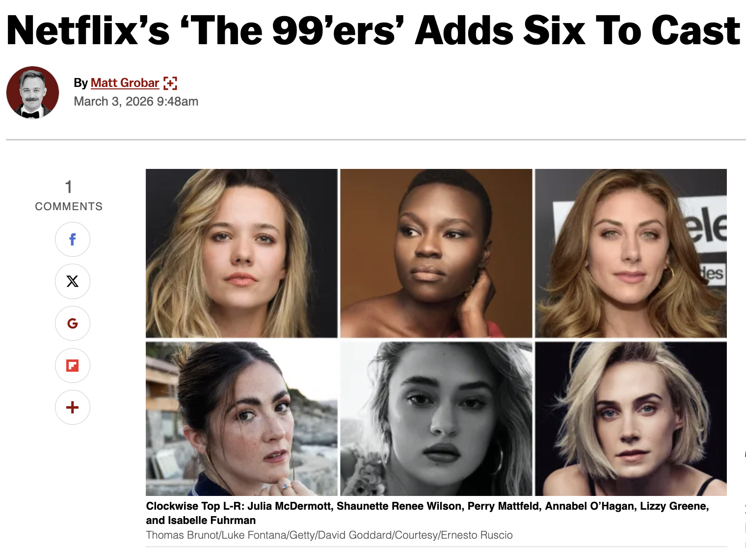 Deadline article of Julia McDermott joining Netflix's 'The 99'ers' cast