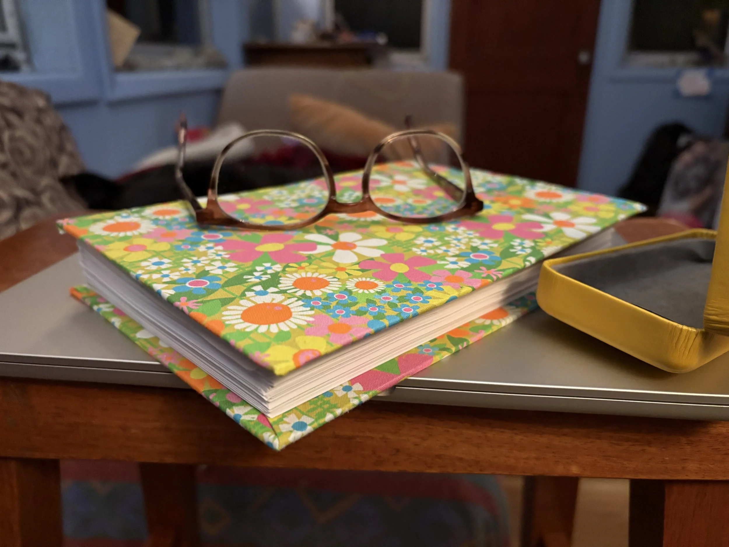 A pair of light brown tortoiseshell glasses rest on a sixties-style floral-print journal. The blurry background has a brown door, blue walls and a tan sofa.