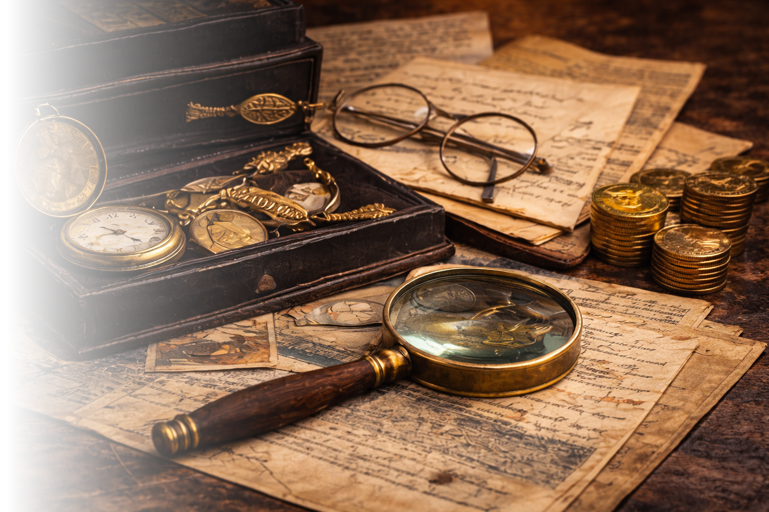Vintage collection of gold pocket watches, a magnifying glass, old handwritten letters, a pair of glasses, and stacks of coins on a wooden surface.